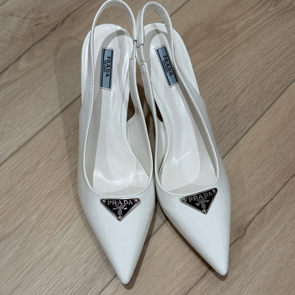 Prada White Patent Slingback Heels